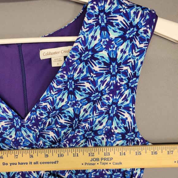 Coldwater Creek Dress Womens 6 Blue Purple Floral Sleeveless V Neck Ruched Wrap - Picture 6 of 15